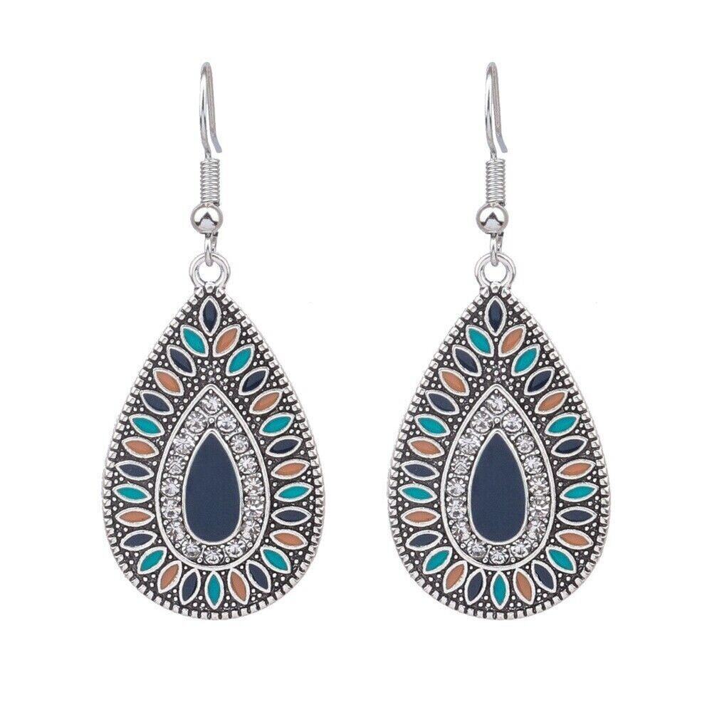 Blue Retro Color Block Alloy Turquoise Hook Geometric Drop Earrings Boho Ethnic